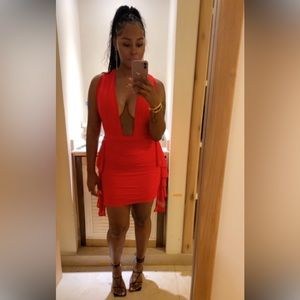 Plunged neckline red dress